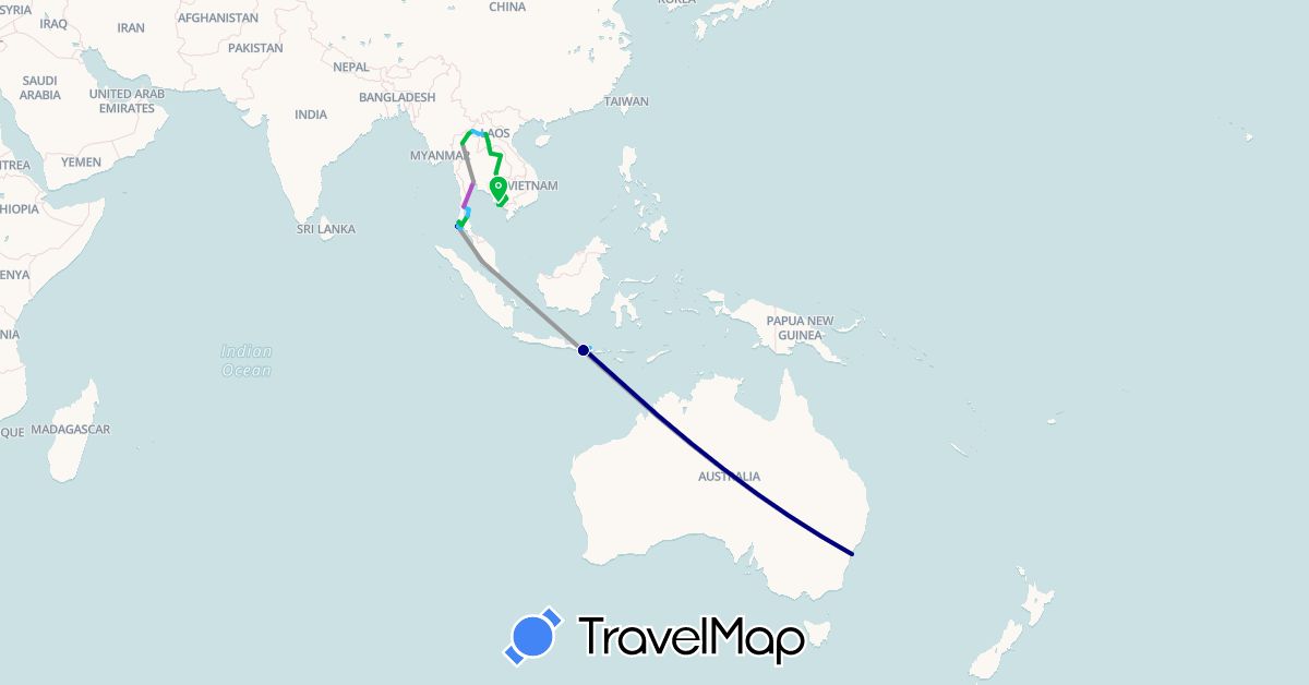 TravelMap itinerary: driving, bus, plane, train, boat in Australia, Indonesia, Cambodia, Laos, Malaysia, Thailand (Asia, Oceania)